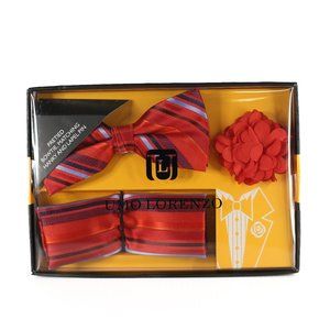 Pretied red and blue bowtie, matching hanky and lapel pin